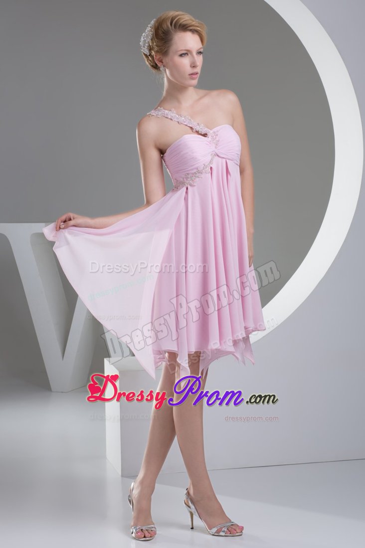 Appliqued One Shoulder Ruched Pink Senior Prom with Cutout Back