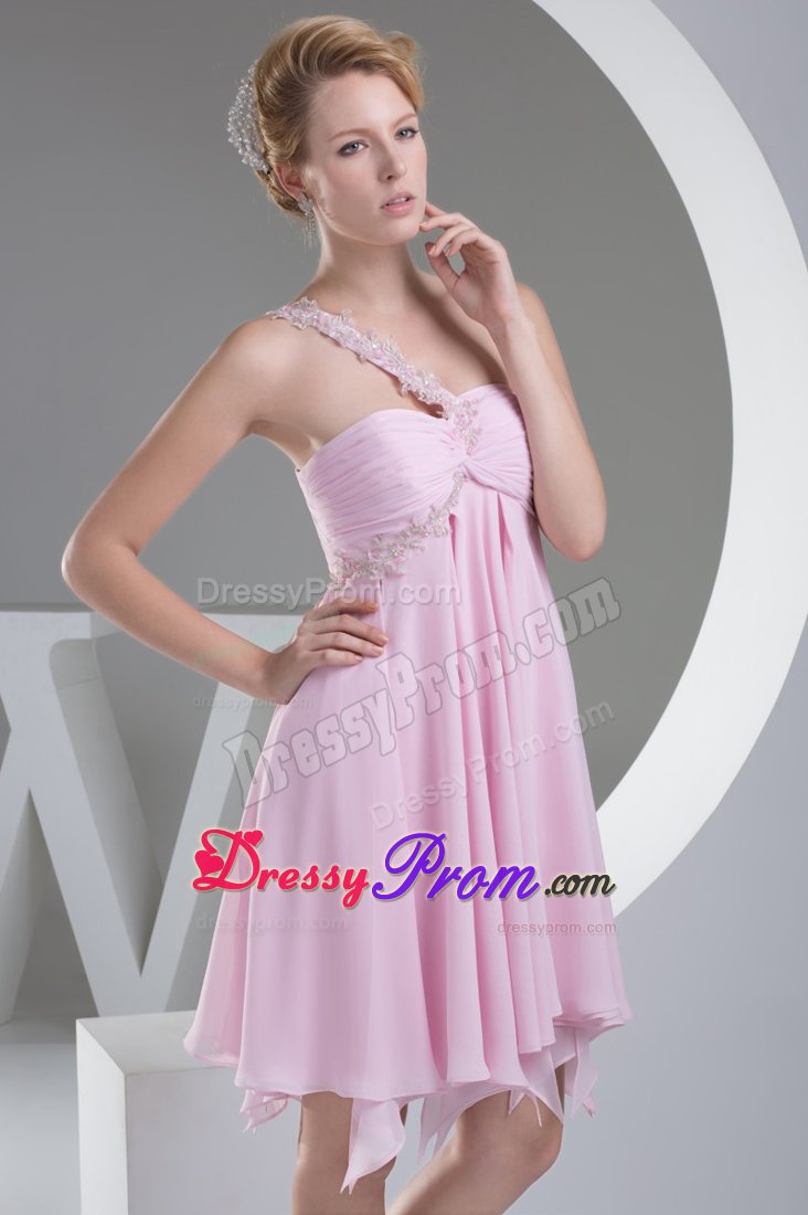 Appliqued One Shoulder Ruched Pink Senior Prom with Cutout Back