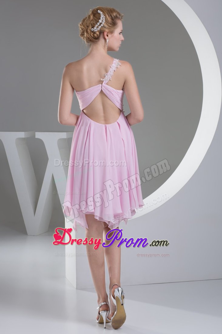 Appliqued One Shoulder Ruched Pink Senior Prom with Cutout Back