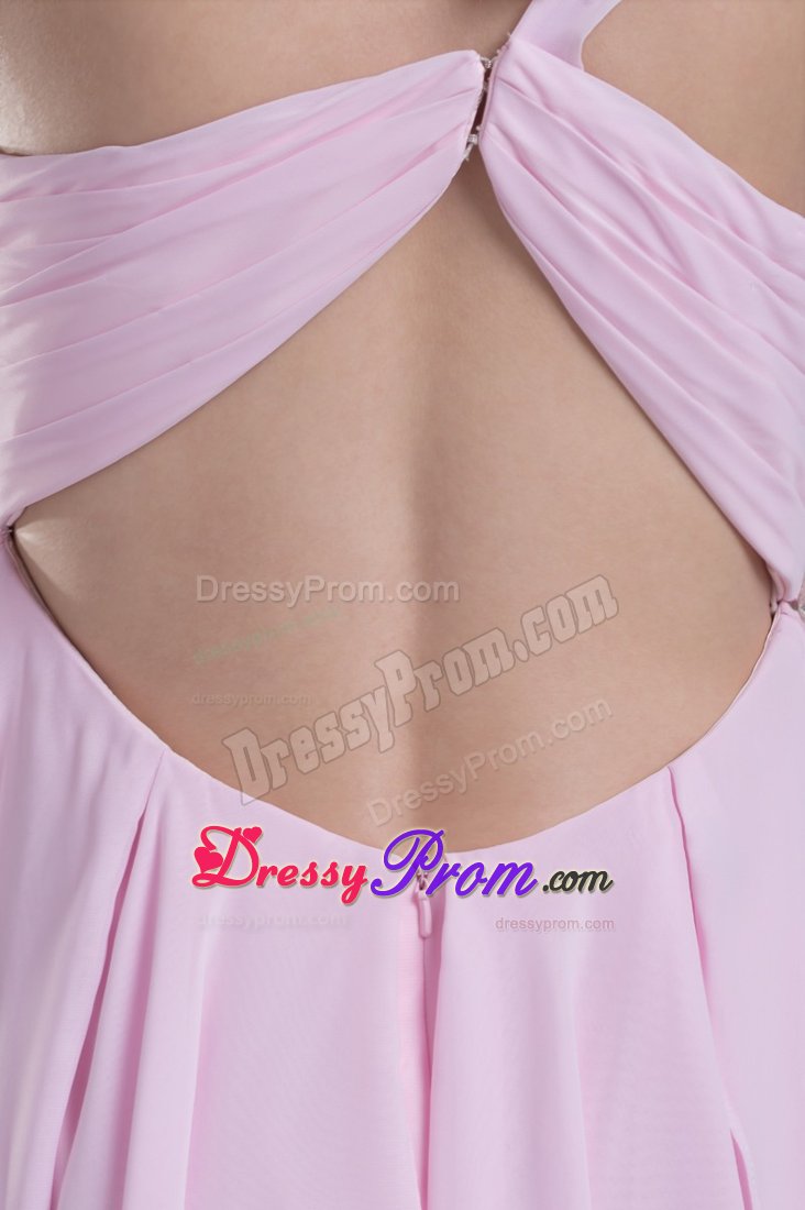 Appliqued One Shoulder Ruched Pink Senior Prom with Cutout Back