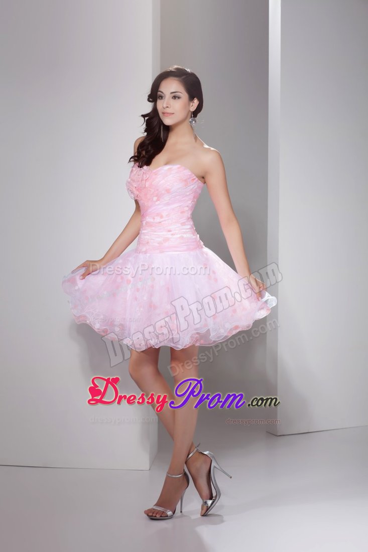 Sweetheart Ruched and Flowery Organza Senior Prom in Baby Pink