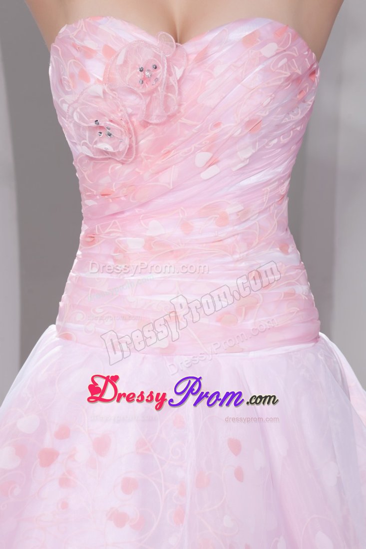 Sweetheart Ruched and Flowery Organza Senior Prom in Baby Pink