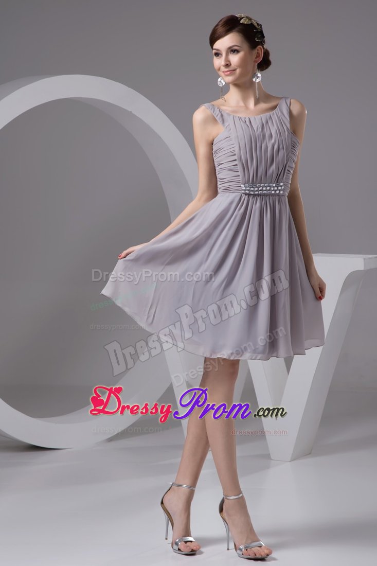 Beaded and Ruched Scoop Gray Chiffon Senior Prom of Knee Length
