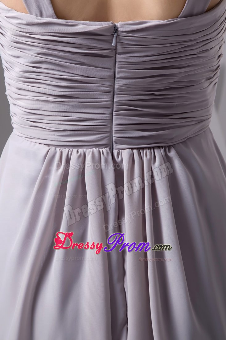 Beaded and Ruched Scoop Gray Chiffon Senior Prom of Knee Length