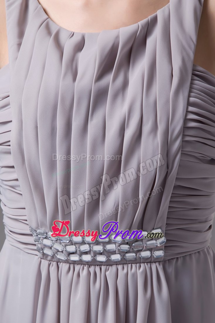 Beaded and Ruched Scoop Gray Chiffon Senior Prom of Knee Length