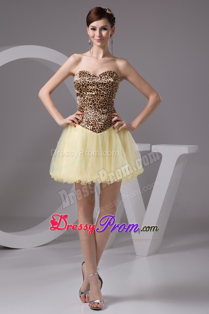 Beaded Light Yellow Mini Senior Prom with Leopard Print for Cheap