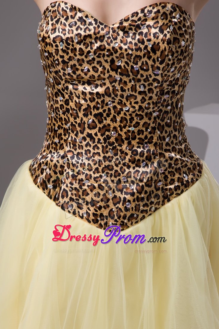 Beaded Light Yellow Mini Senior Prom with Leopard Print for Cheap