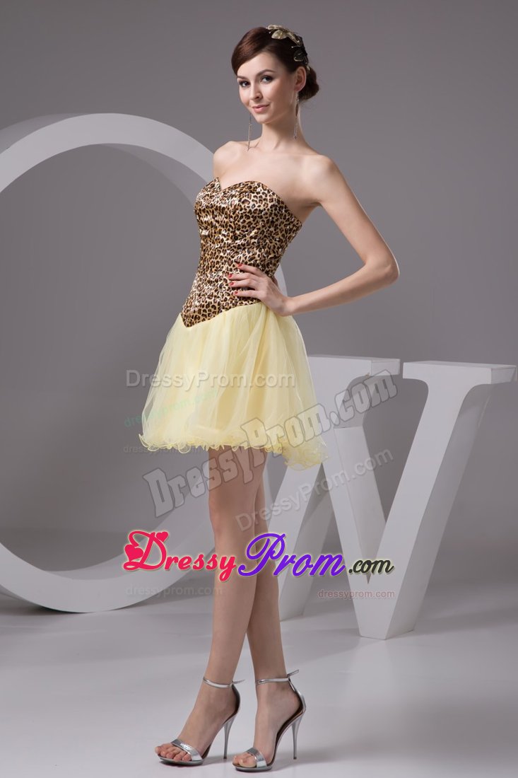 Beaded Light Yellow Mini Senior Prom with Leopard Print for Cheap