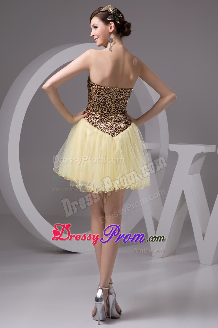Beaded Light Yellow Mini Senior Prom with Leopard Print for Cheap