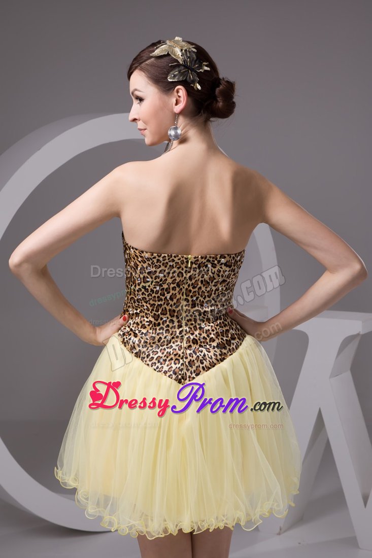 Beaded Light Yellow Mini Senior Prom with Leopard Print for Cheap