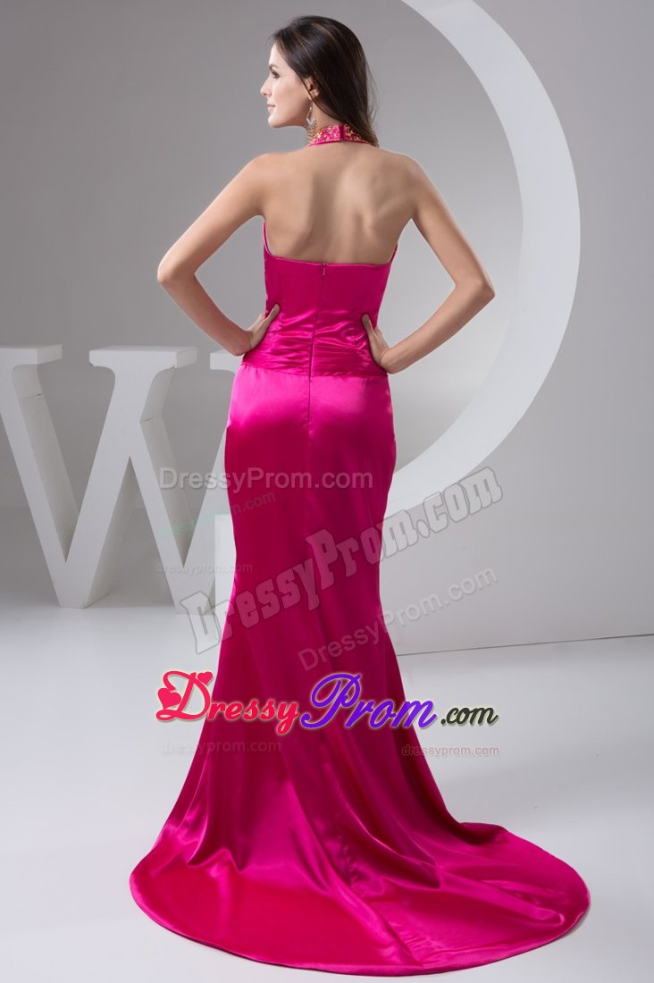 Halter Slitted Brush Train Beaded Hot Pink Prom Dress Wholesale