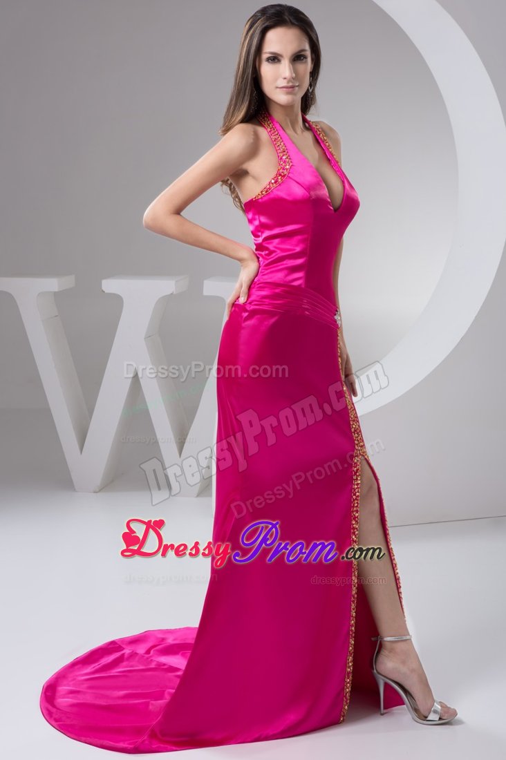 Halter Slitted Brush Train Beaded Hot Pink Prom Dress Wholesale
