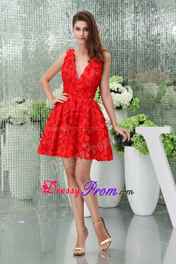 Zipper-up Floral Embossed Fabric V-neck Red Mini Prom Dress