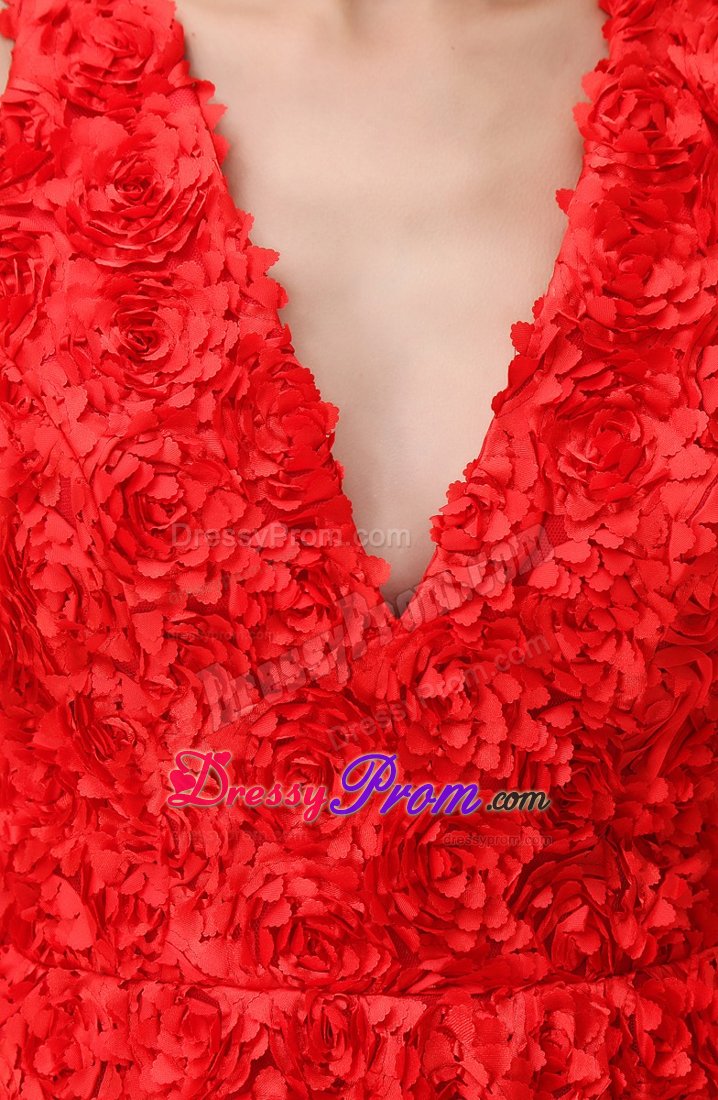 Zipper-up Floral Embossed Fabric V-neck Red Mini Prom Dress