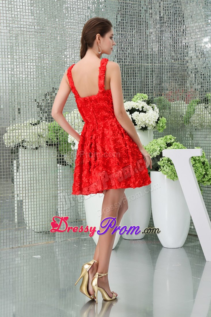 Zipper-up Floral Embossed Fabric V-neck Red Mini Prom Dress