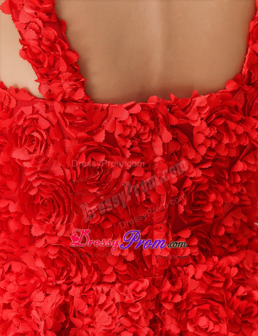 Zipper-up Floral Embossed Fabric V-neck Red Mini Prom Dress