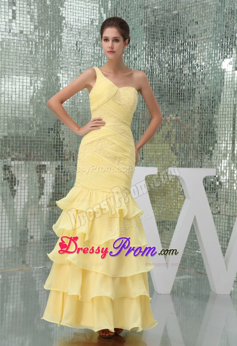 Beaded and Ruched One Shoulder Senior Prom in Light Yellow 2014