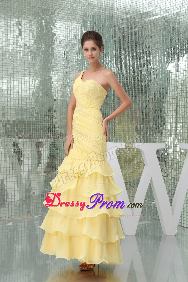 Beaded and Ruched One Shoulder Senior Prom in Light Yellow 2014