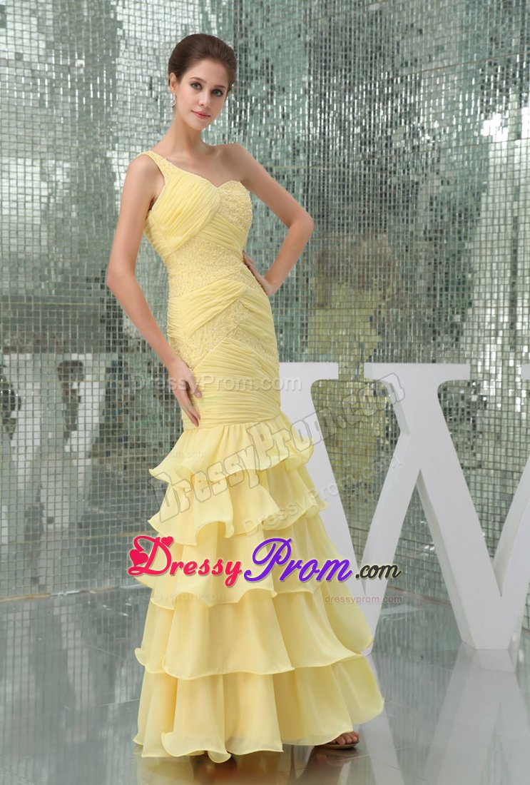 Beaded and Ruched One Shoulder Senior Prom in Light Yellow 2014