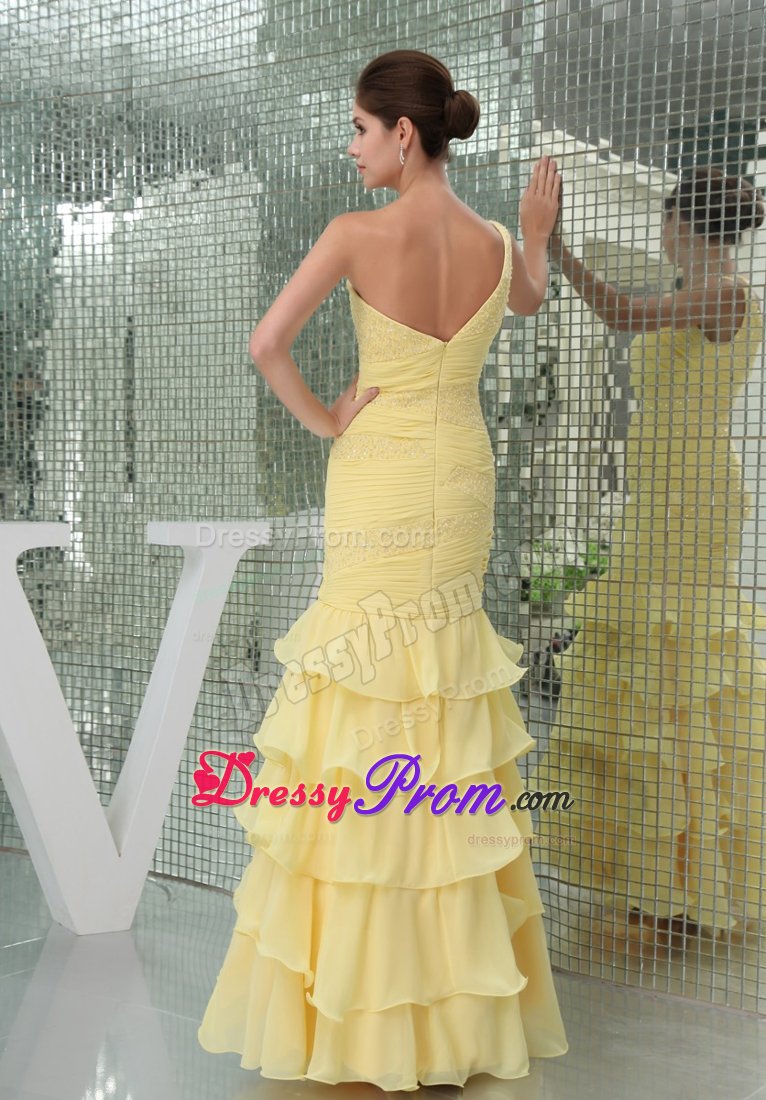 Beaded and Ruched One Shoulder Senior Prom in Light Yellow 2014