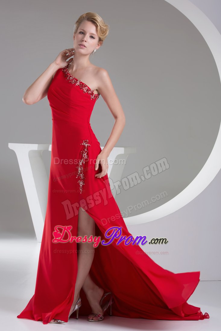 2014 Best one Shoulder Slitted Appliqued Red Dress for Prom