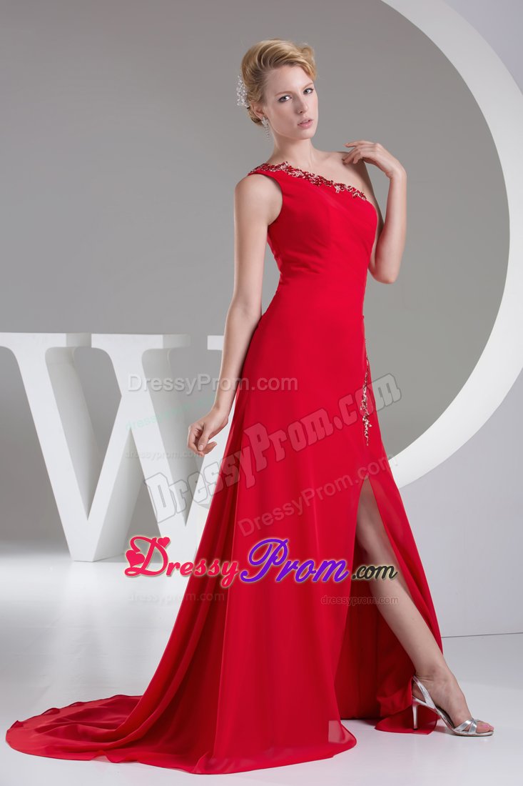 2014 Best one Shoulder Slitted Appliqued Red Dress for Prom