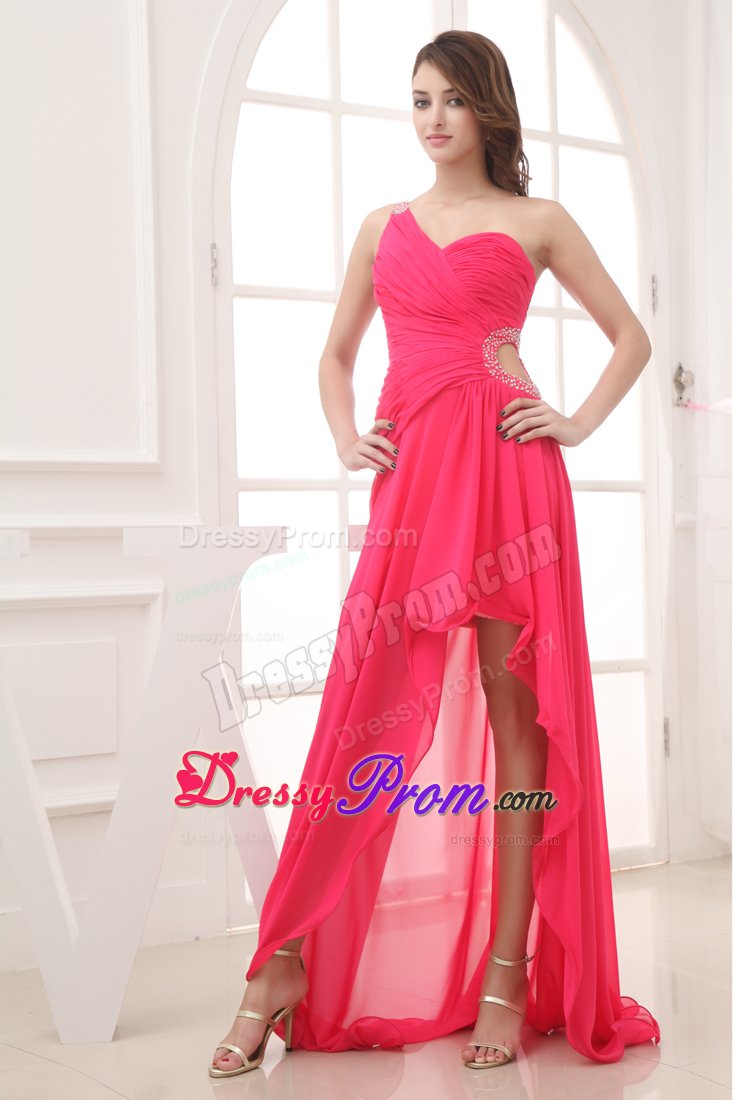 Cheap Hot Pink High-low One Shoulder Junior Prom with Cutouts