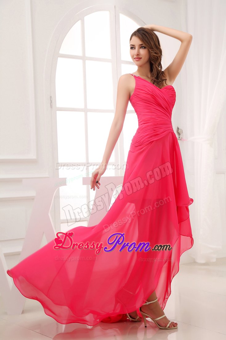 Cheap Hot Pink High-low One Shoulder Junior Prom with Cutouts