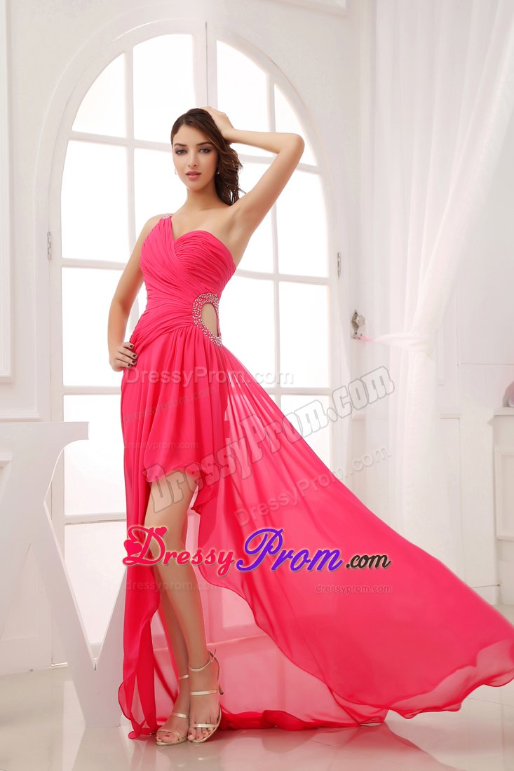 Cheap Hot Pink High-low One Shoulder Junior Prom with Cutouts