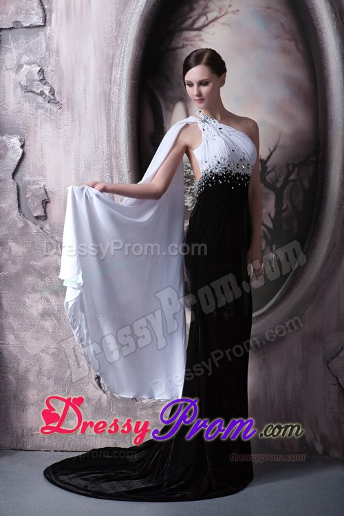 Customized one Shoulder White and Black Beaded Prom Dress