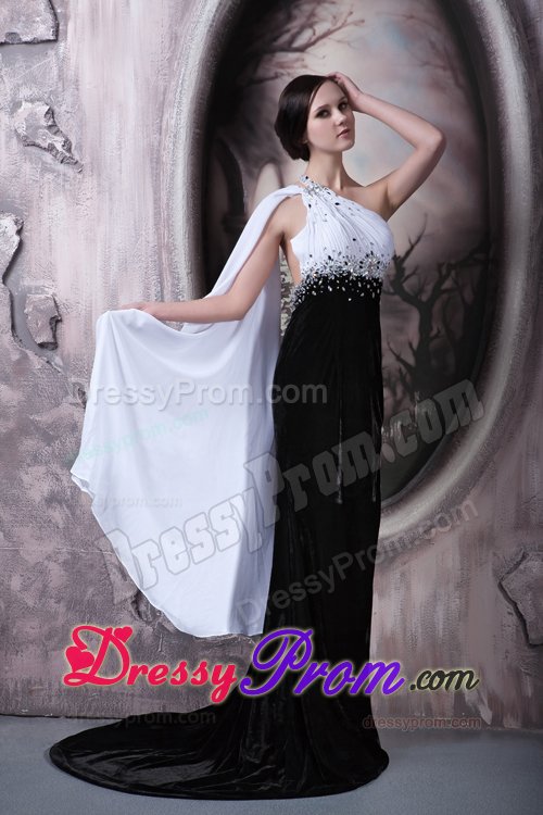 Customized one Shoulder White and Black Beaded Prom Dress