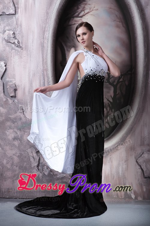Customized one Shoulder White and Black Beaded Prom Dress