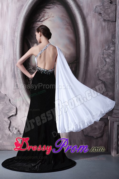 Customized one Shoulder White and Black Beaded Prom Dress