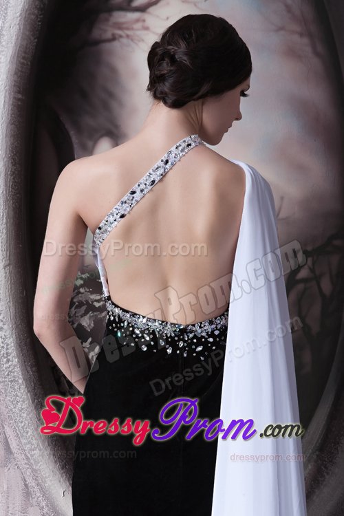 Customized one Shoulder White and Black Beaded Prom Dress