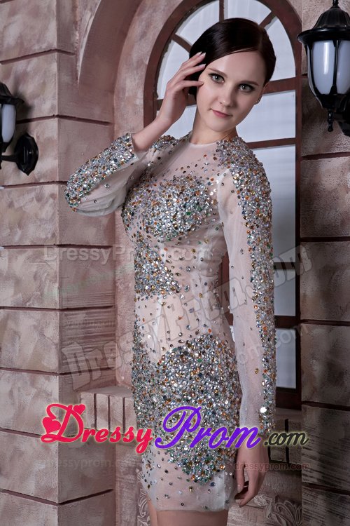 2014 Scoop Neck Sheer White Mini Prom Dress with Rhinestones