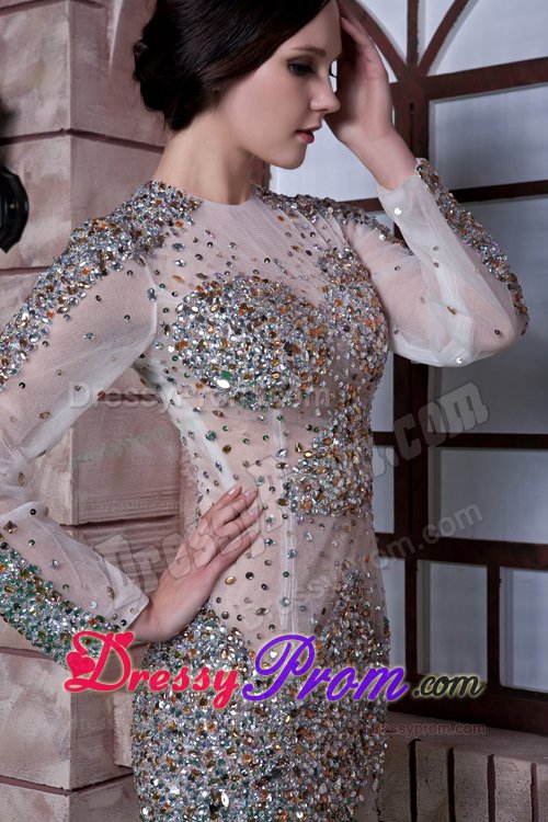 2014 Scoop Neck Sheer White Mini Prom Dress with Rhinestones