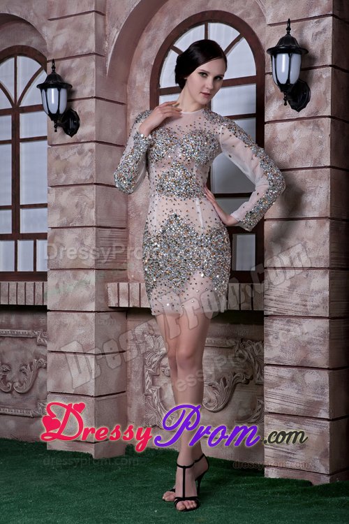 2014 Scoop Neck Sheer White Mini Prom Dress with Rhinestones