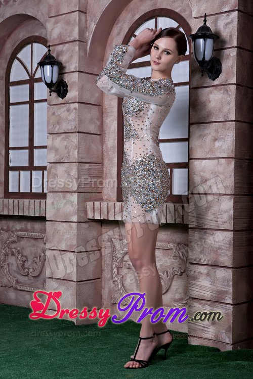 2014 Scoop Neck Sheer White Mini Prom Dress with Rhinestones