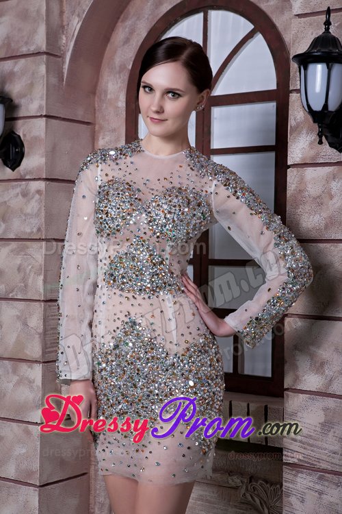2014 Scoop Neck Sheer White Mini Prom Dress with Rhinestones