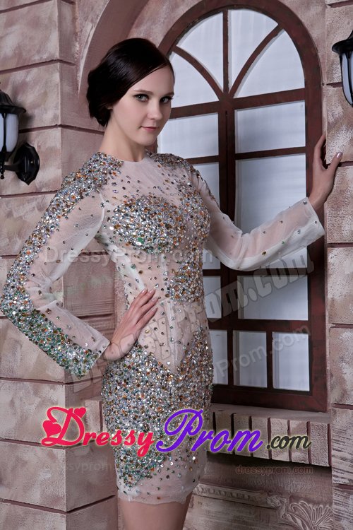 2014 Scoop Neck Sheer White Mini Prom Dress with Rhinestones