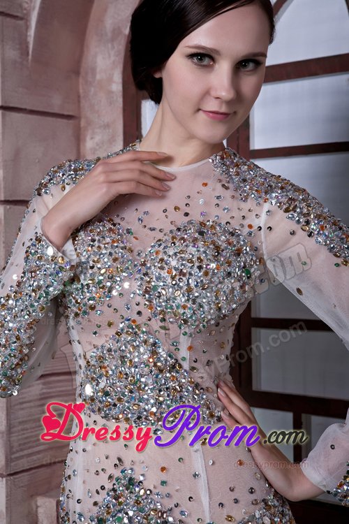 2014 Scoop Neck Sheer White Mini Prom Dress with Rhinestones