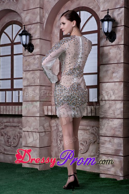 2014 Scoop Neck Sheer White Mini Prom Dress with Rhinestones