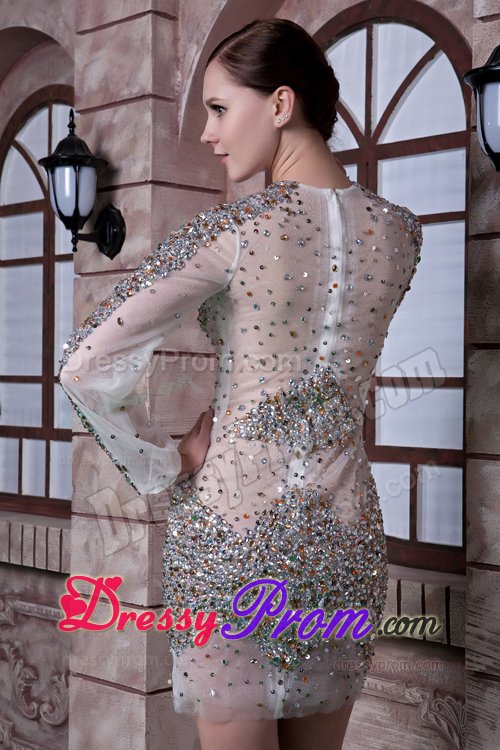 2014 Scoop Neck Sheer White Mini Prom Dress with Rhinestones