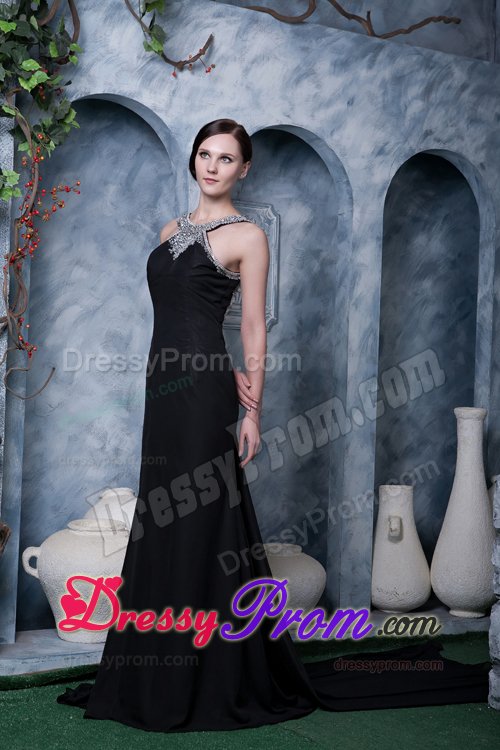 New Style Scoop Neck Watteau Train Black Backless Prom Dress