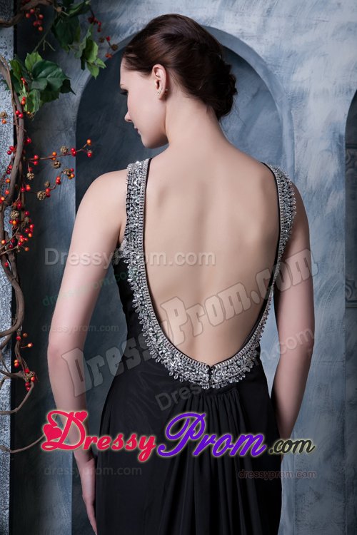 New Style Scoop Neck Watteau Train Black Backless Prom Dress