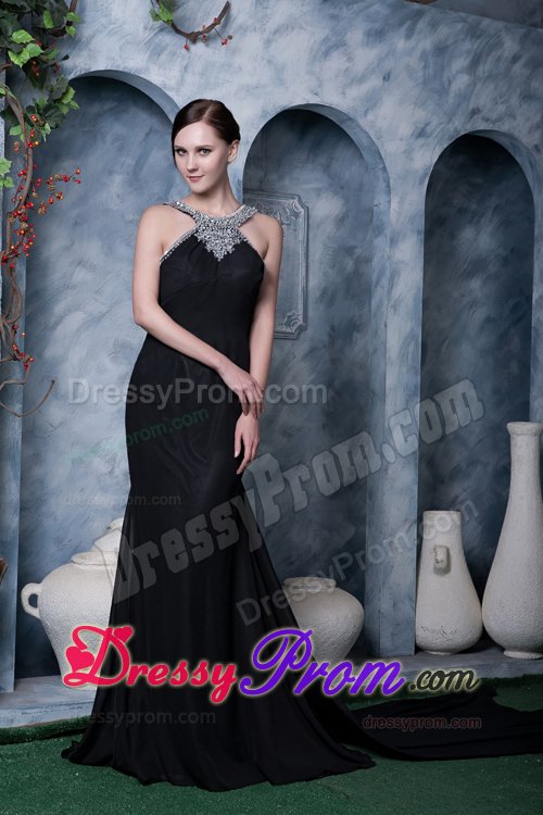 New Style Scoop Neck Watteau Train Black Backless Prom Dress