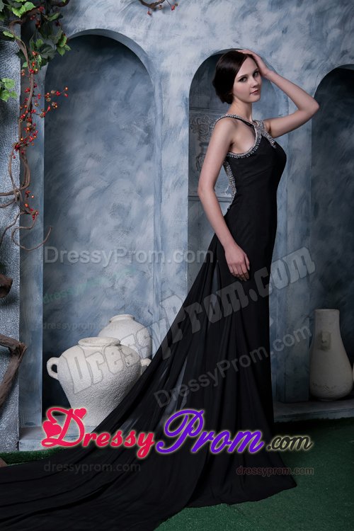 New Style Scoop Neck Watteau Train Black Backless Prom Dress