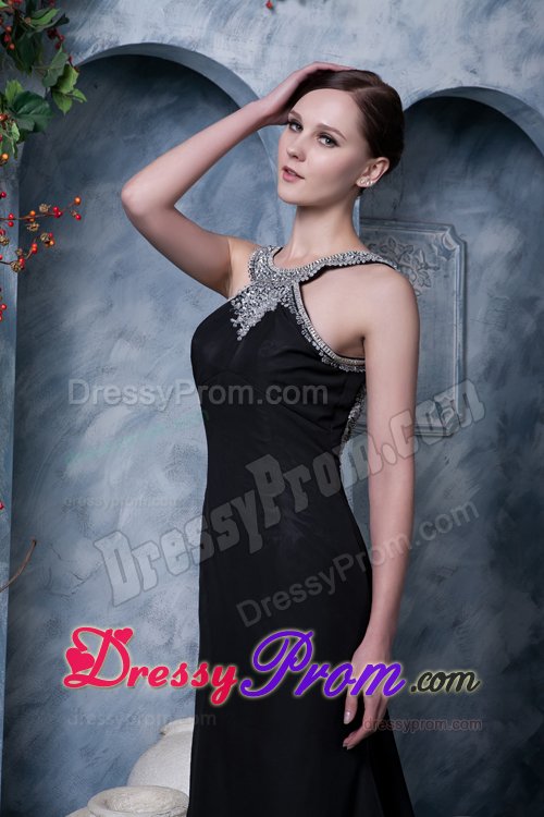 New Style Scoop Neck Watteau Train Black Backless Prom Dress