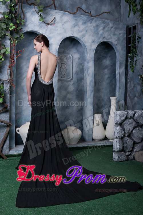 New Style Scoop Neck Watteau Train Black Backless Prom Dress