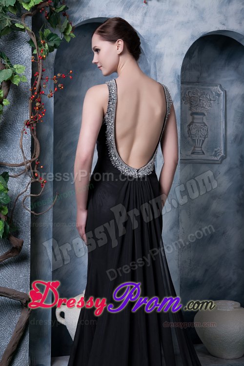 New Style Scoop Neck Watteau Train Black Backless Prom Dress